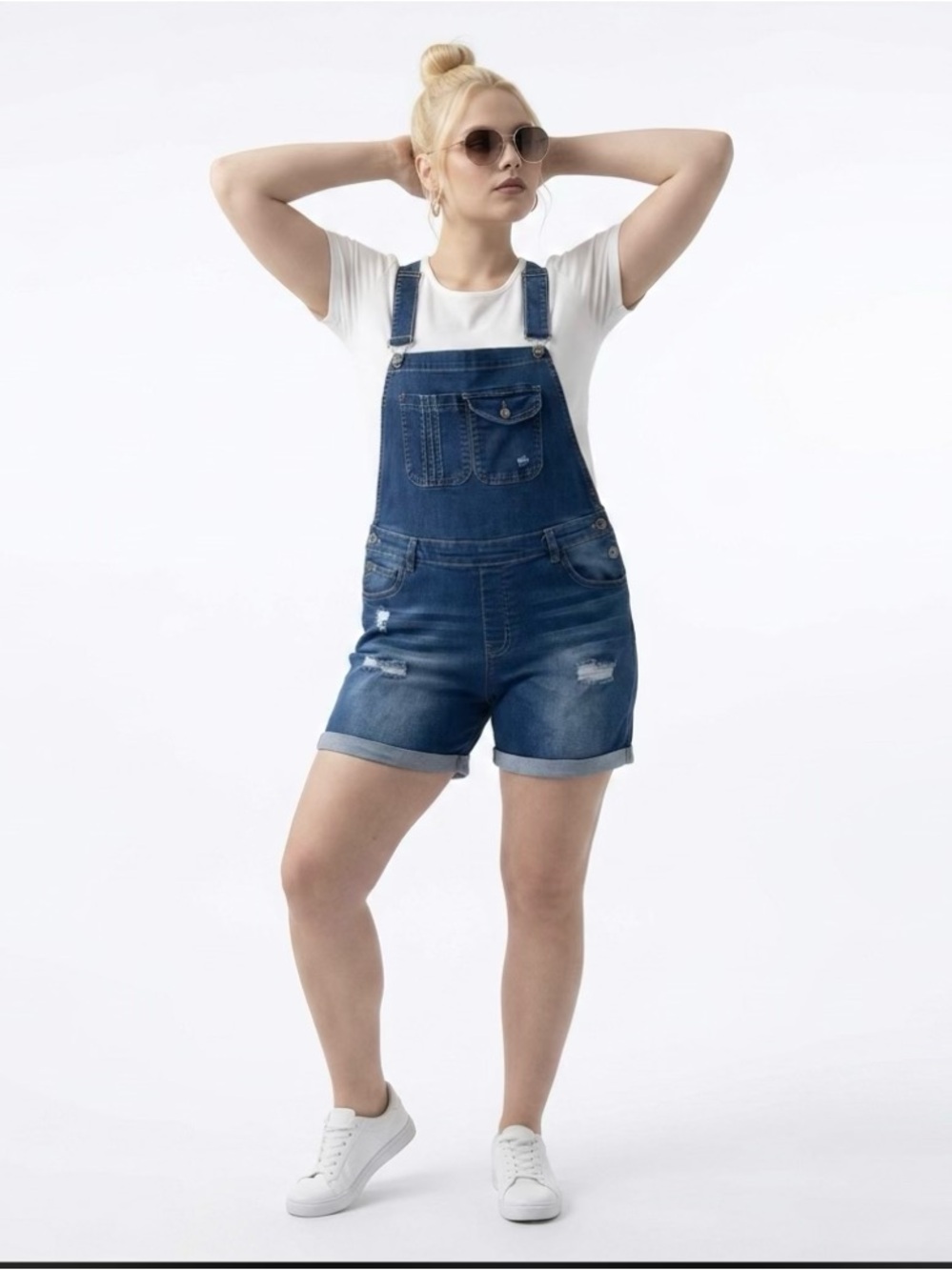 Large Blue Denim Short Overalls with Distressed Details